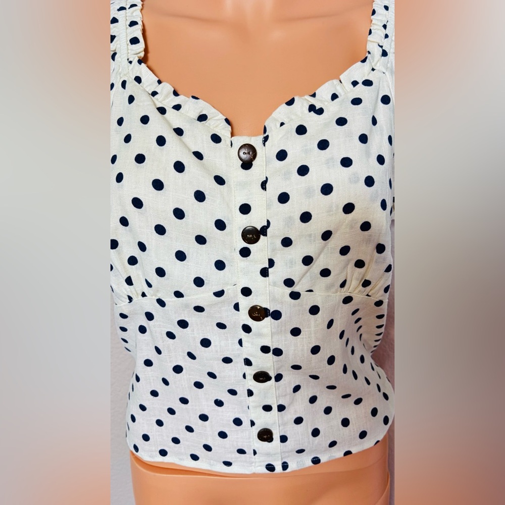 Polka Dot Button-Front White & Navy Sleeveless Blouse